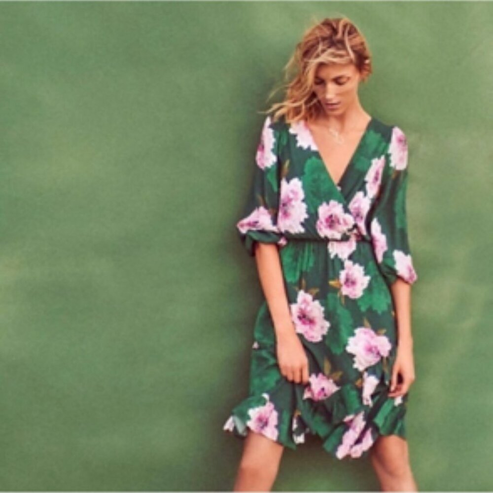 Plenty by Tracy Reese Aleah Emerald Green Floral Faux Wrap Dress- Anthropologie